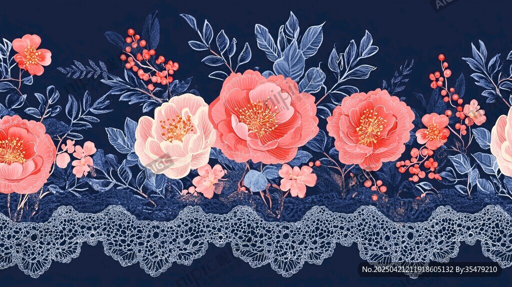 深藍底花卉蕾絲邊裝飾圖案