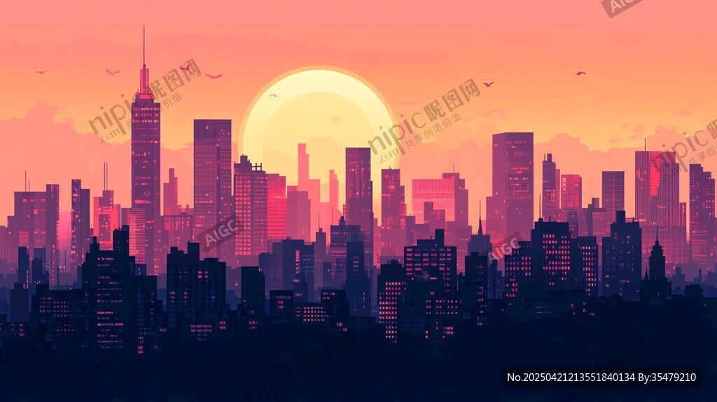 夕陽(yáng)下的城市天際線美景