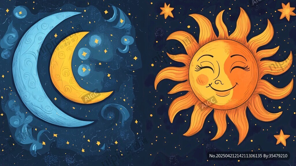 可愛日月插畫 夢幻星空元素