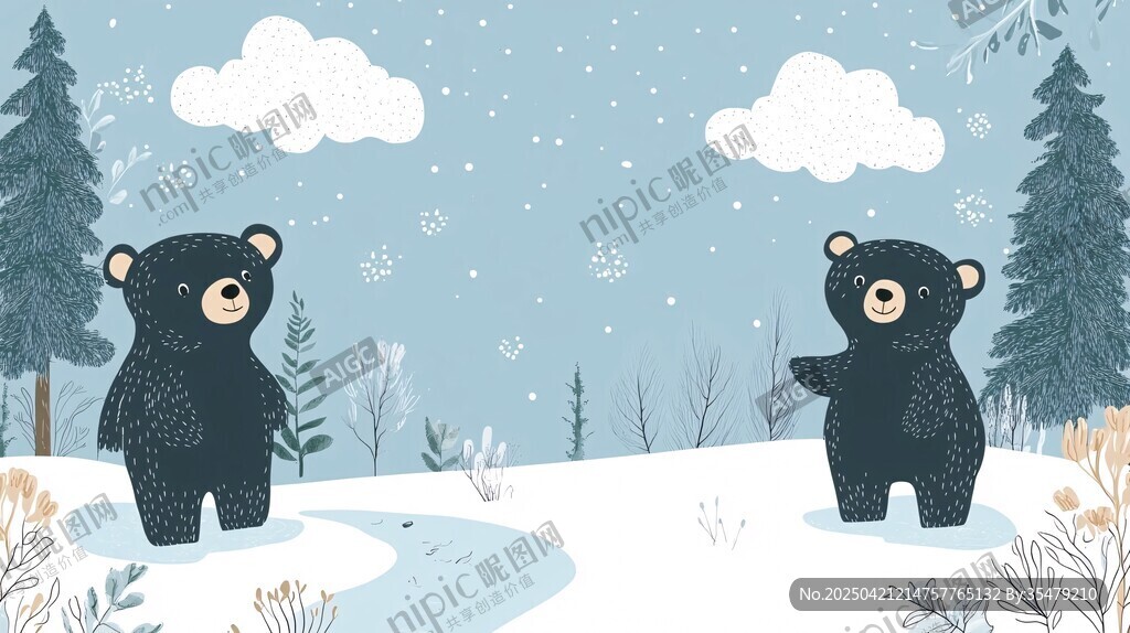 雪地中嬉戲的兩只小熊