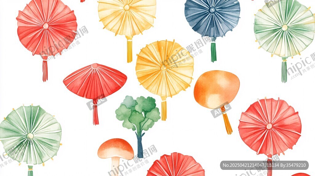 彩色紙傘蘑菇等水彩插畫(huà)