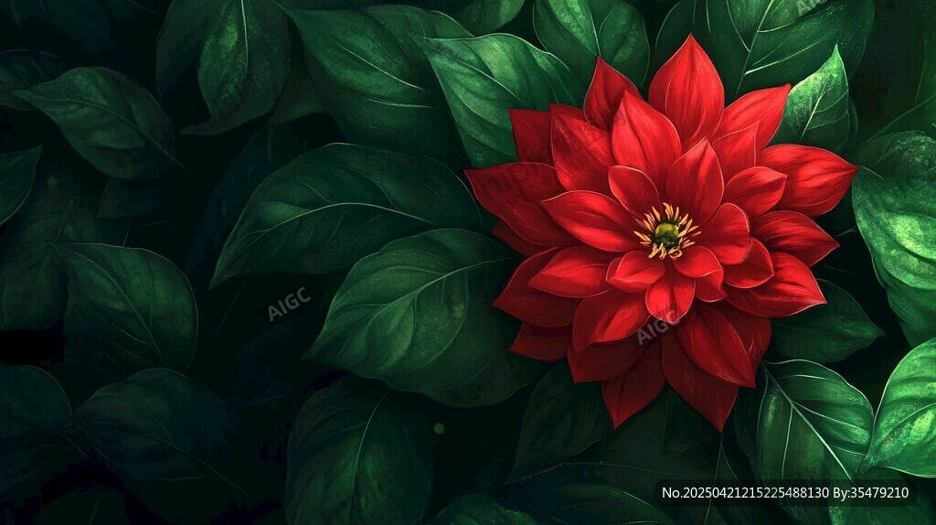 一朵艷紅綻放于綠葉間
