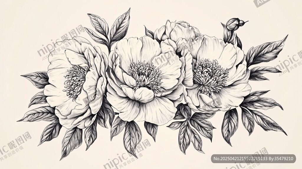 黑白花卉素描圖