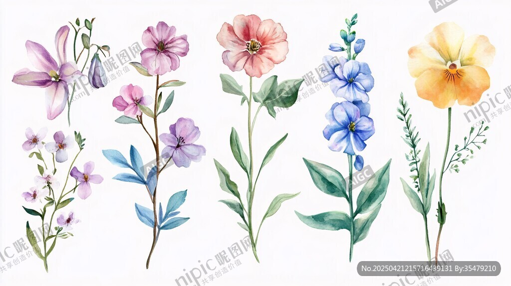 水彩手繪繽紛花卉組合