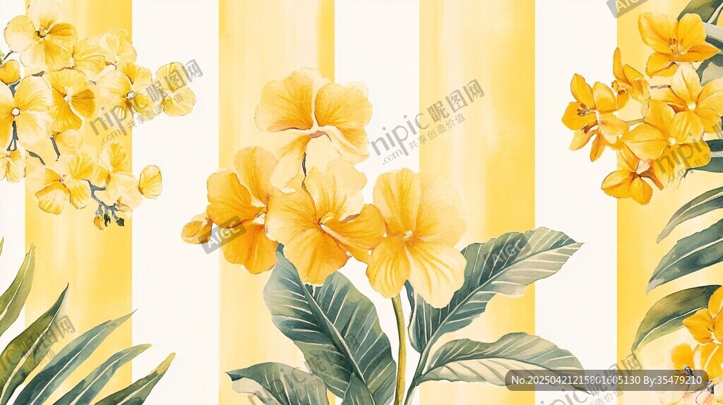 黃色花卉與條紋背景插畫