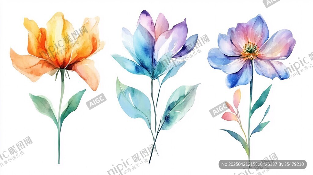 三朵水彩花卉插畫作品