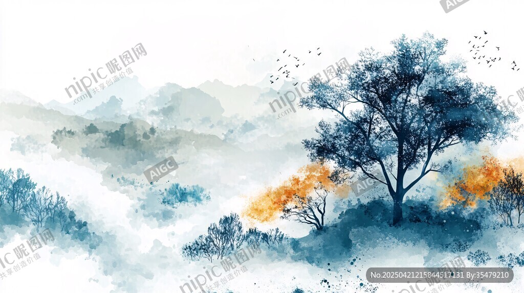 水墨山水間的孤樹秋景
