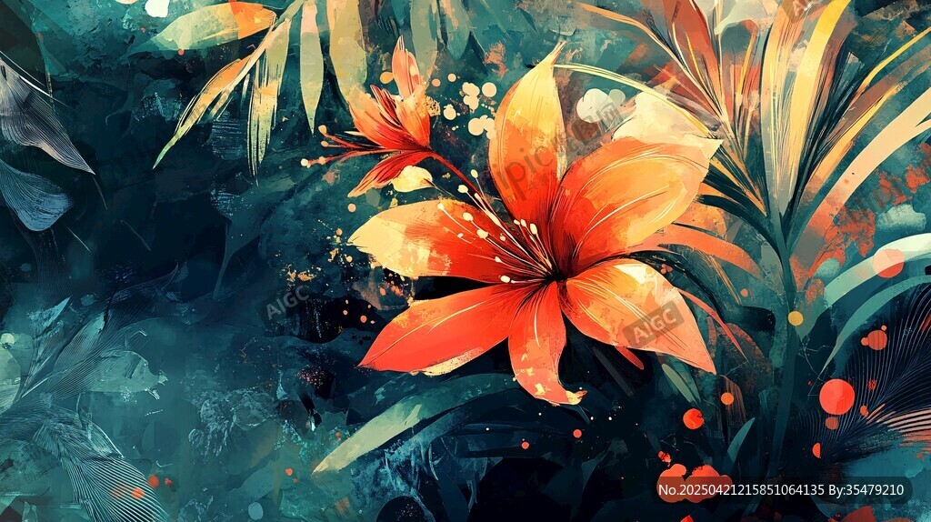 艷麗綻放的橙色花卉插畫