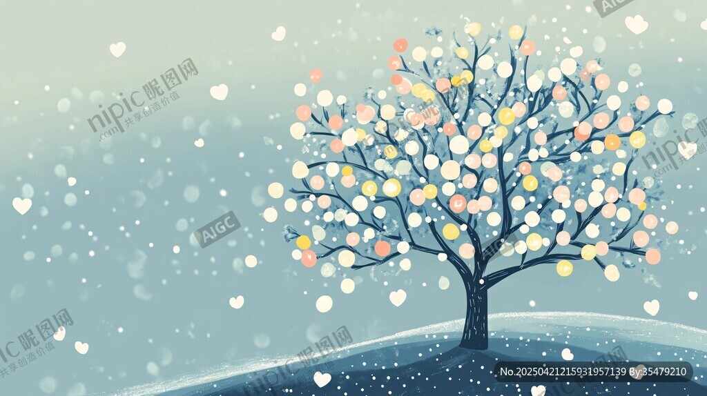 夢(mèng)幻愛心樹雪景插畫