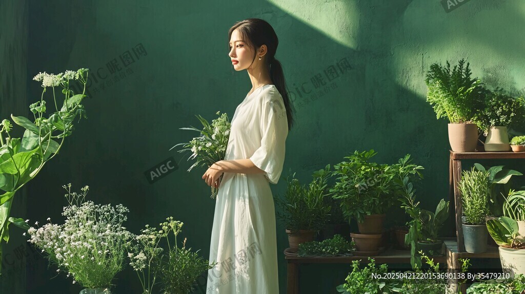 白衣女子于綠植間的優(yōu)雅身影