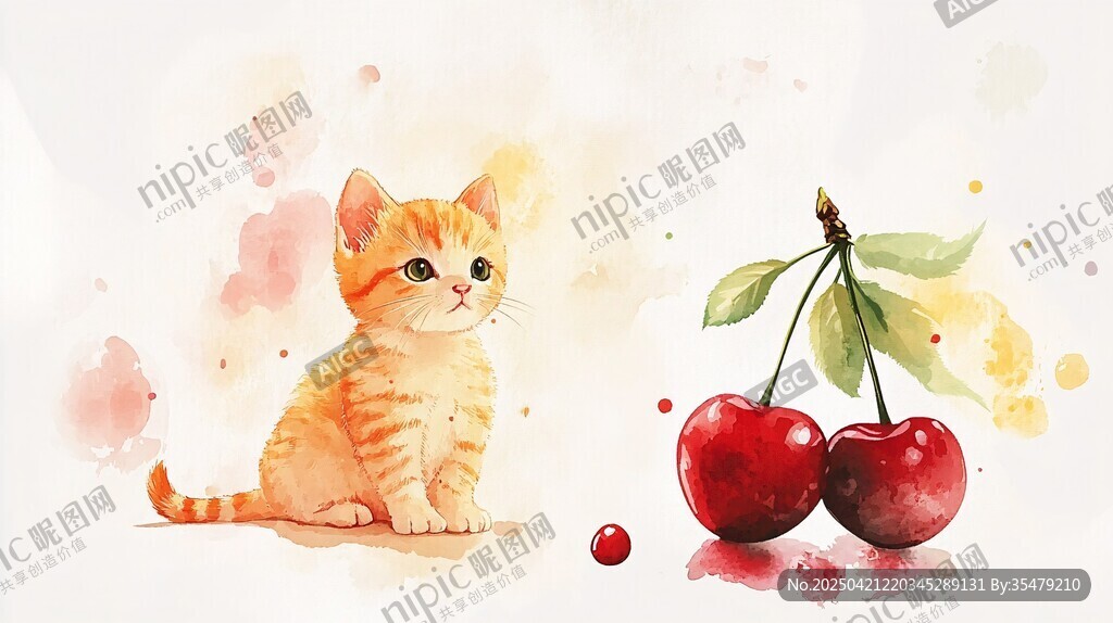小貓與櫻桃的水彩畫世界