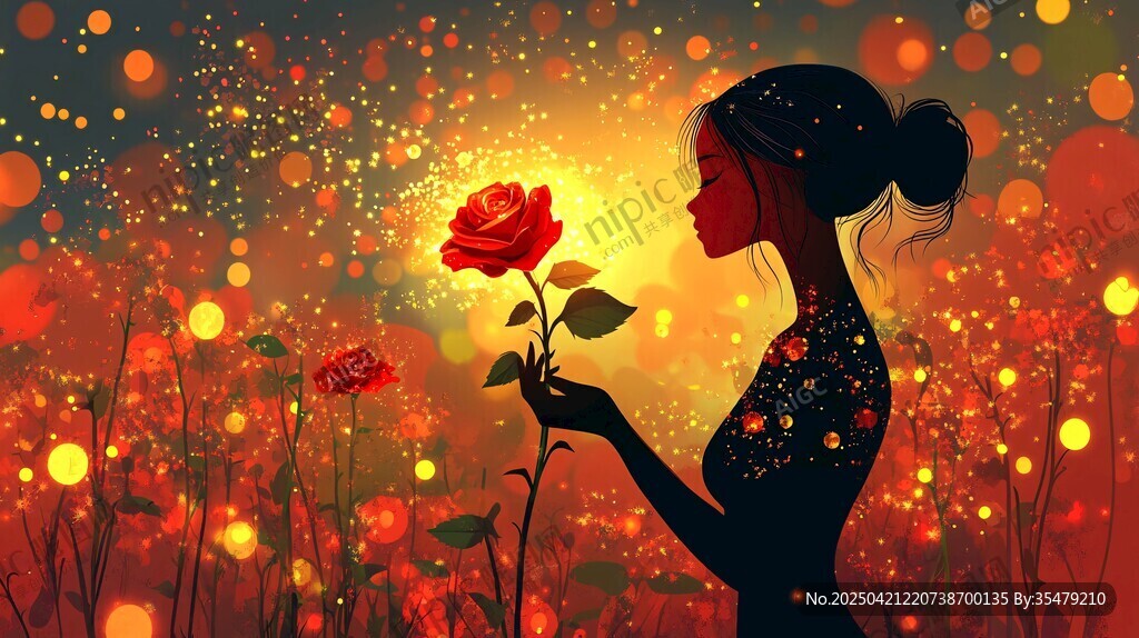 夢(mèng)幻中持玫瑰的女子剪影