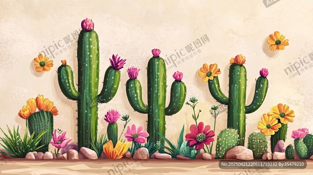 多彩仙人掌花卉裝飾插畫(huà)