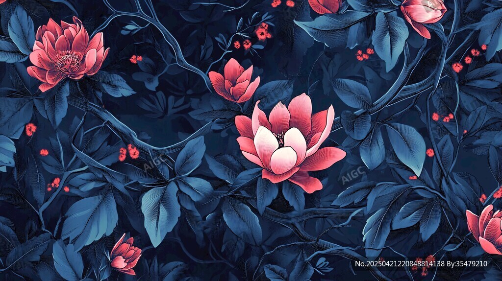 深藍底粉色花卉植物圖案
