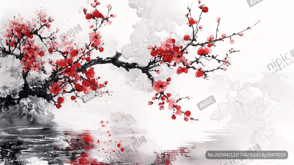 水墨紅梅映水韻