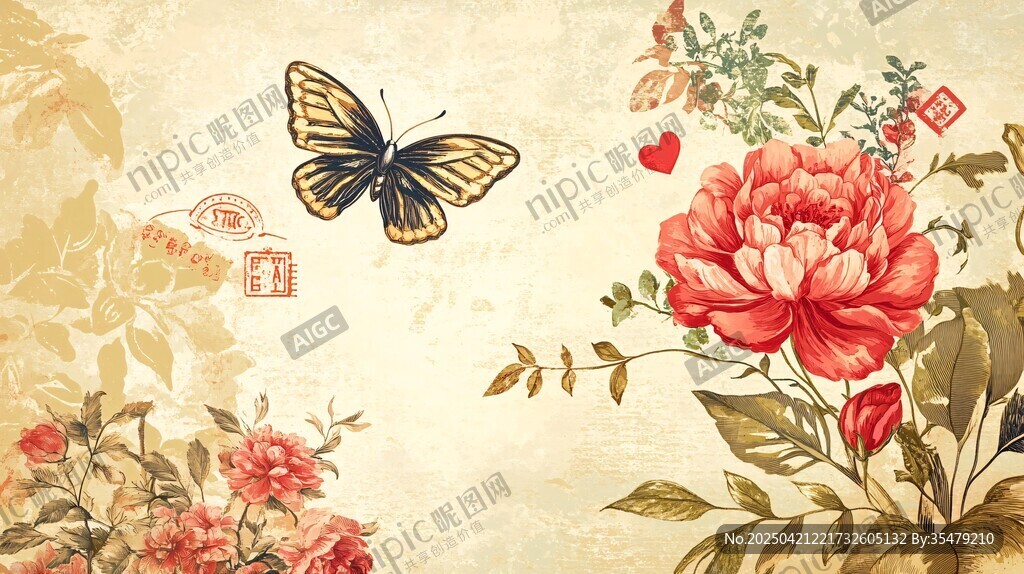 蝴蝶伴花浪漫復(fù)古插畫