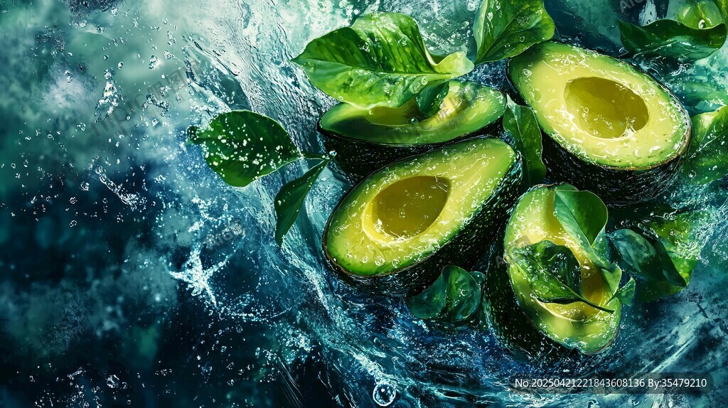 牛油果切片與綠葉的清新畫面