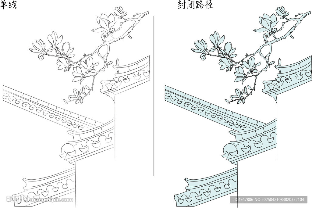中式建筑花鳥裝飾線稿圖 矢量圖