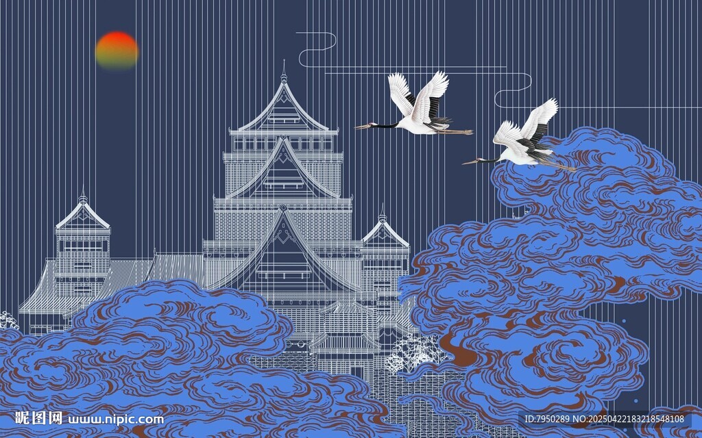 古風(fēng)夜景樓閣飛鳥背景墻