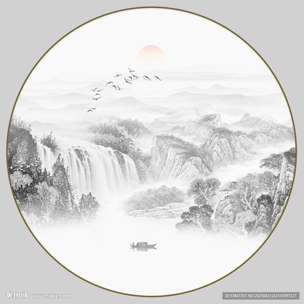 圓形山水水墨畫