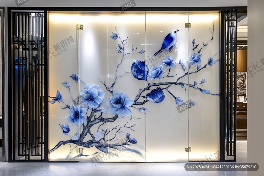 藍(lán)白花鳥(niǎo)中式玻璃屏風(fēng)