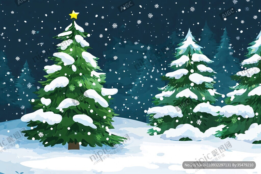 雪夜中的圣誕松樹景觀