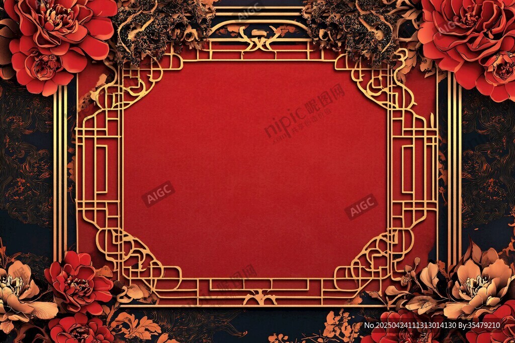 中式紅金花卉邊框背景圖