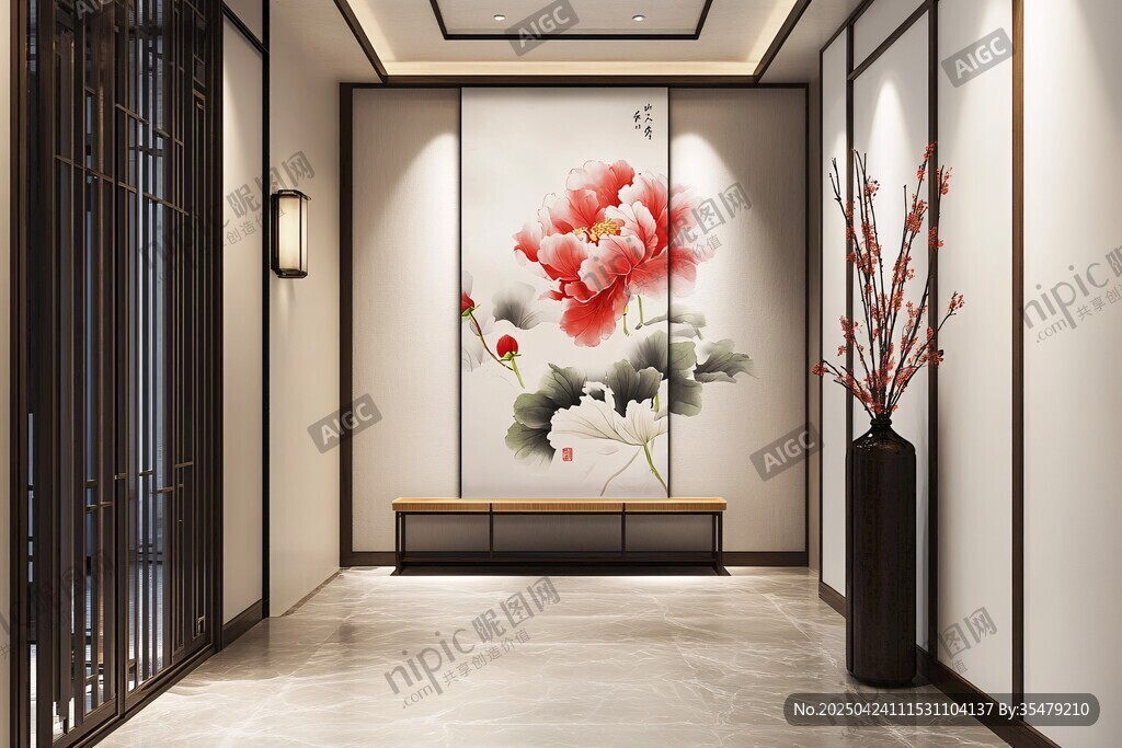 中式玄關(guān) 牡丹壁畫雅致風(fēng)