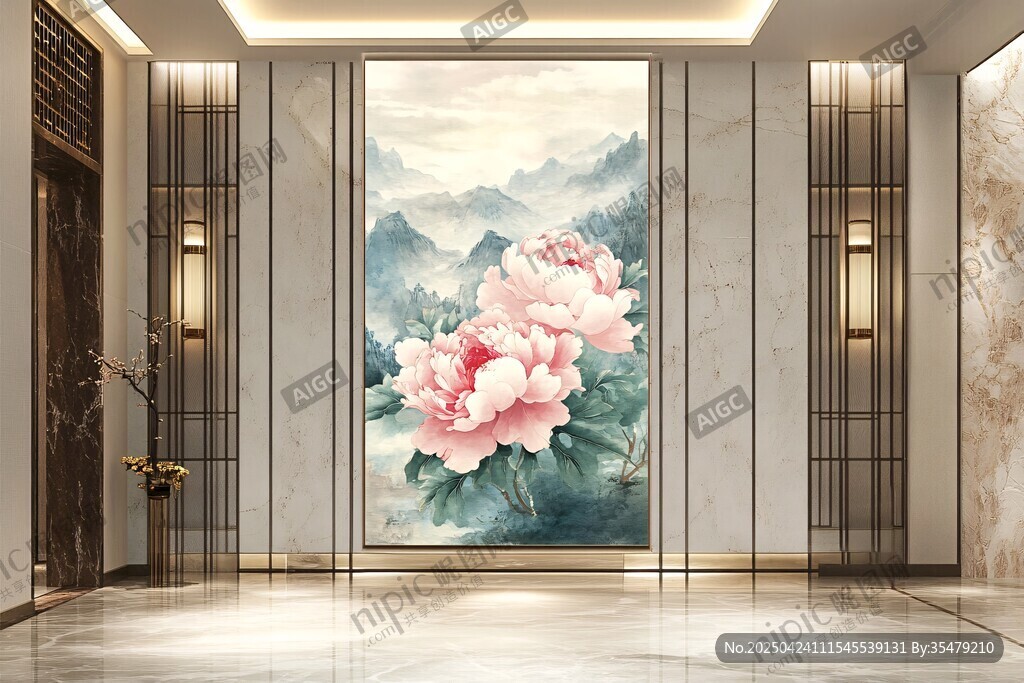 中式大廳里的牡丹山水壁畫