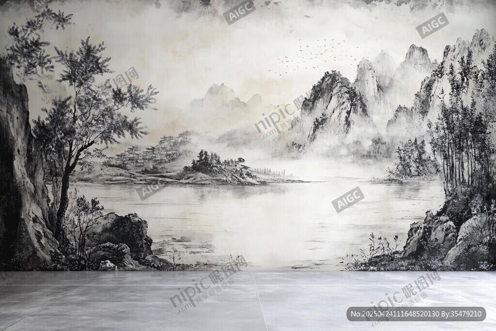 水墨山水背景墻藝術(shù)圖景