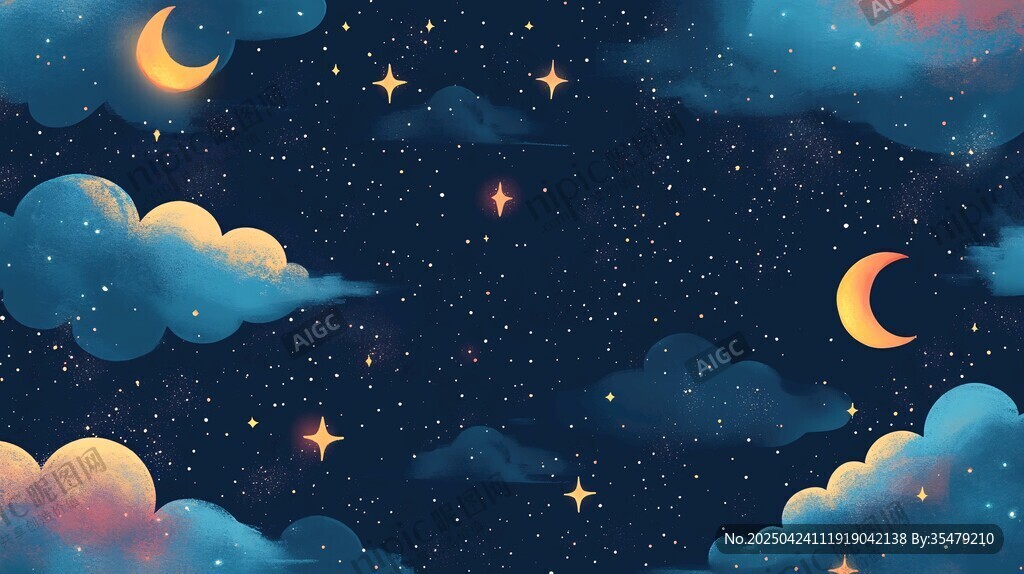 夢(mèng)幻星空下的云朵與彎月