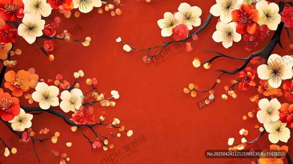 紅梅映紅底 中式唯美畫面