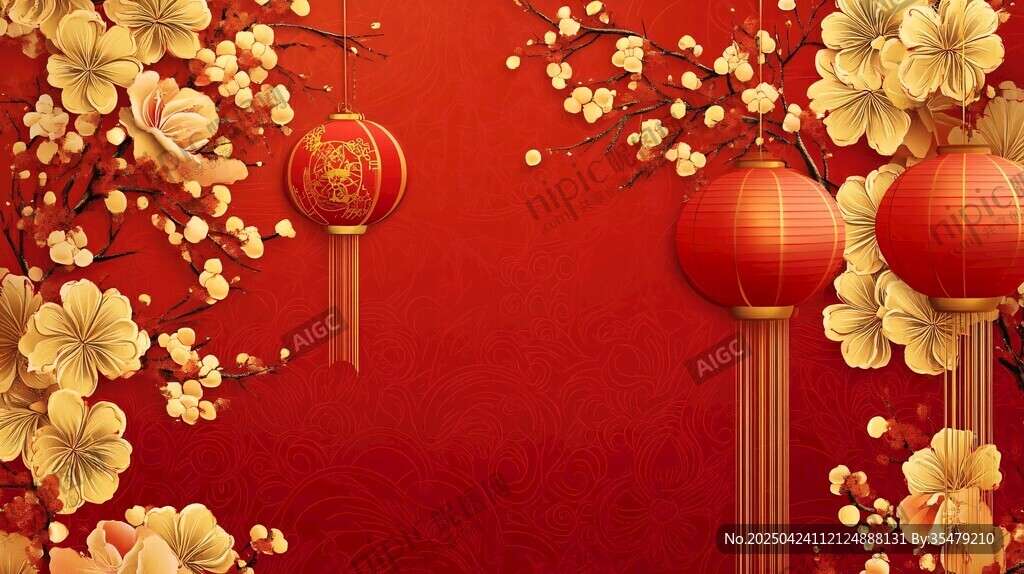 喜慶中國風 紅燈籠與繁花