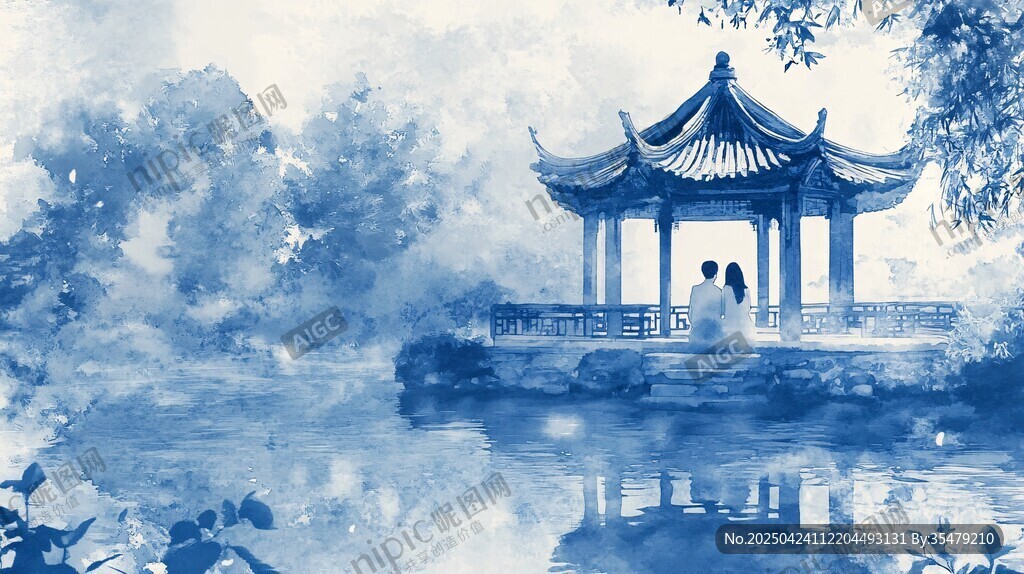 水墨湖畔古亭靜謐之景