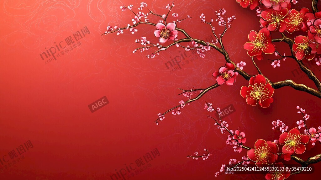 紅梅綻于紅背景的雅致畫面