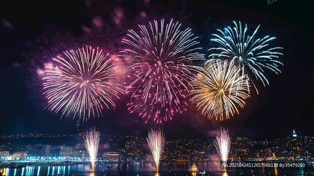 夜空中絢爛綻放的多彩煙花