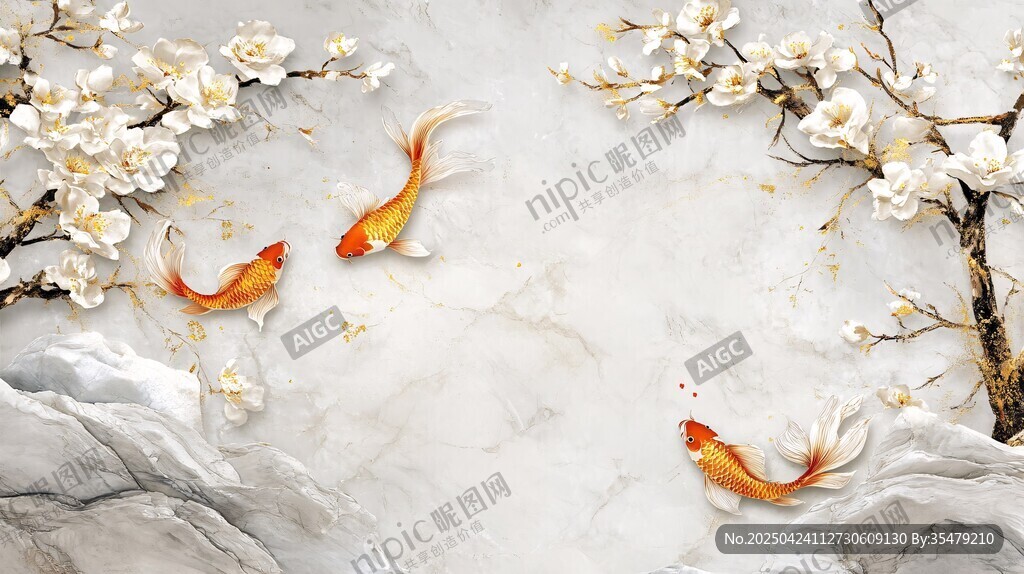 白玉背景下的金魚與花枝