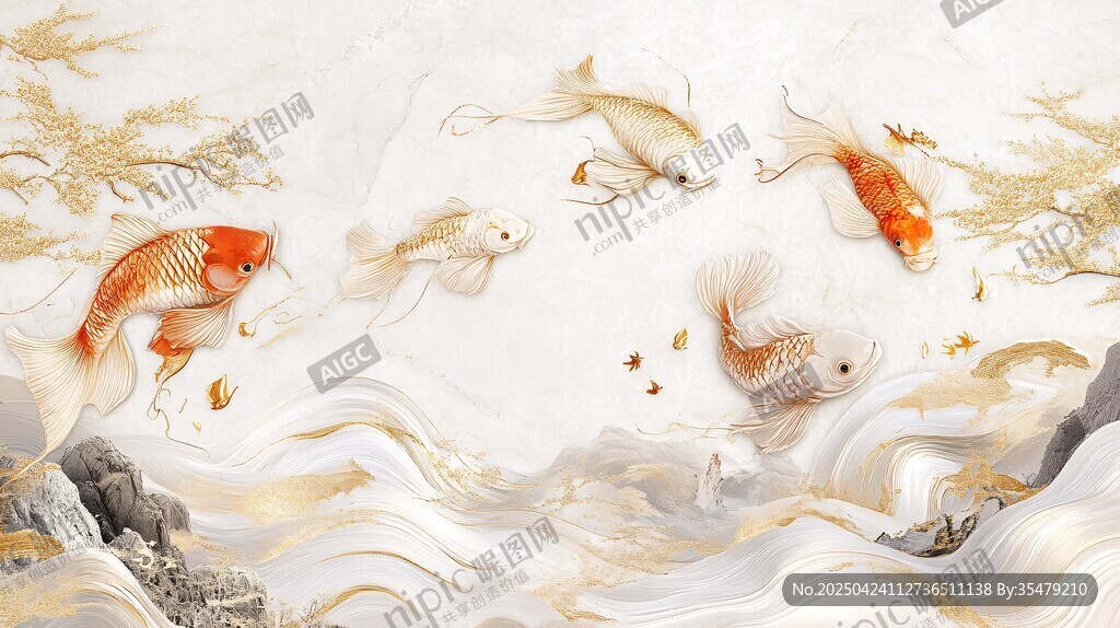 九魚戲水圖 中式祥瑞畫面