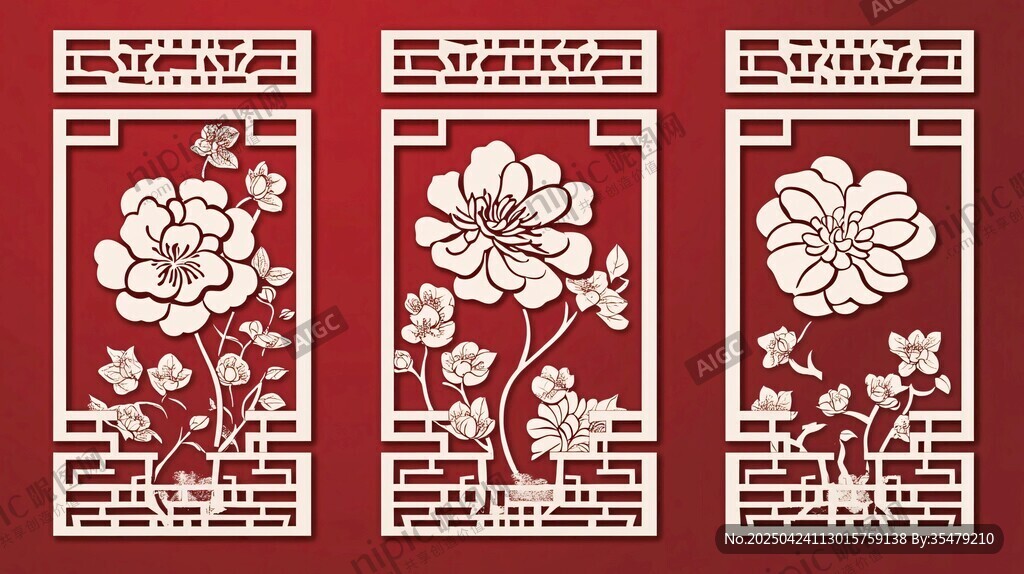中式雕花窗飾上的花卉圖案