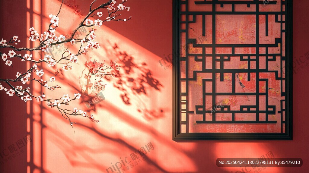 中式窗景下的爛漫花枝