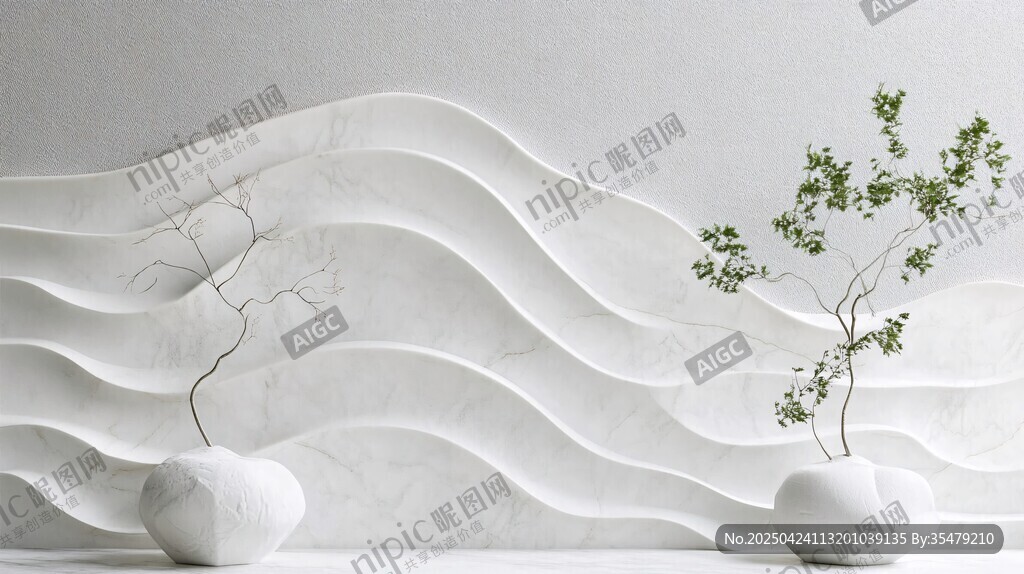 簡約波浪墻配兩株綠植