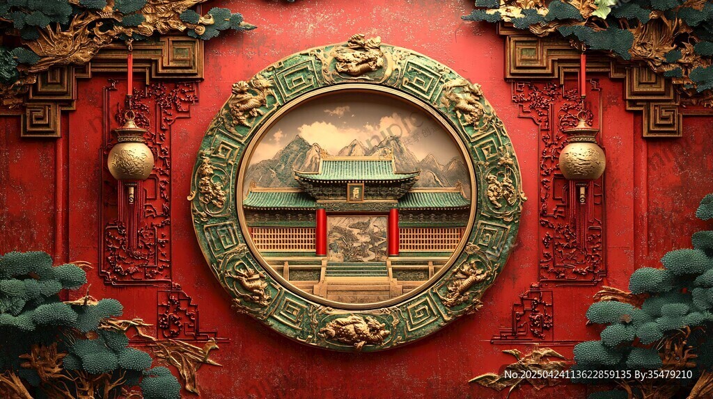 中式古典红墙圆窗装饰图 中式古典红墙圆窗装饰图