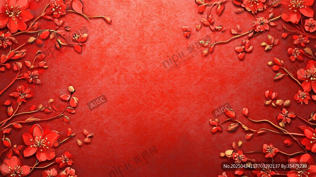 紅梅綻于紅底盡顯雅致