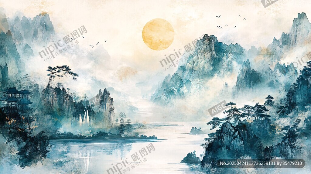 水墨山水間的靜謐月夜