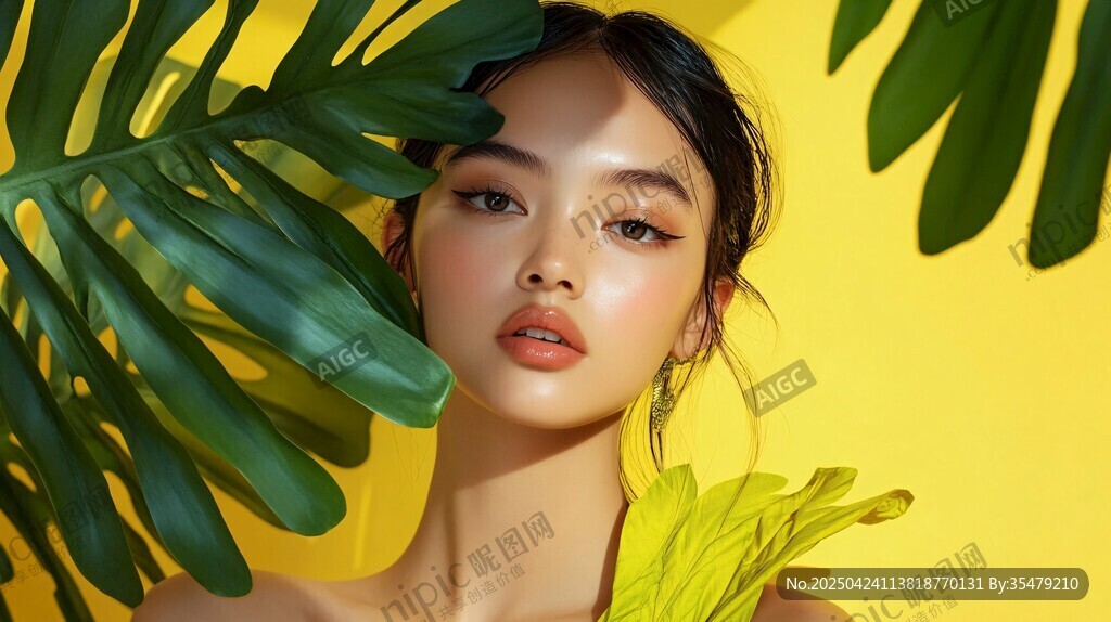 黃背景綠葉間的時尚女性