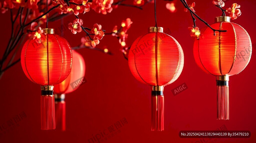 紅燈籠映紅梅喜慶氛圍