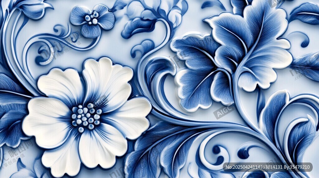 藍(lán)白花卉浮雕圖案