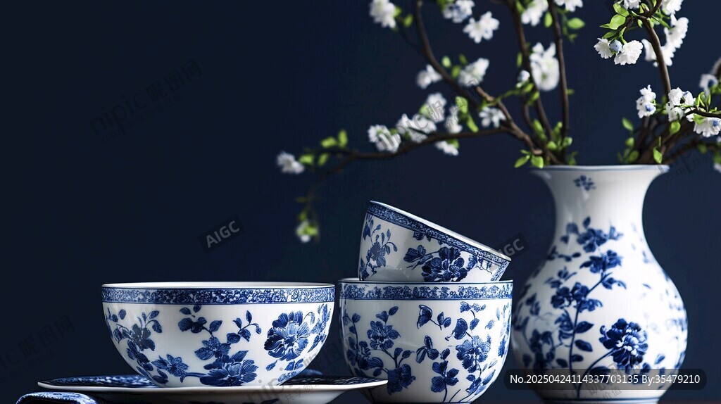 青花瓷餐具与雅致花瓶 青花瓷餐具与雅致花瓶
