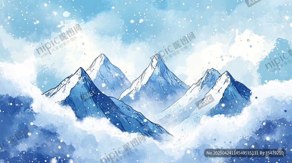 夢幻雪山云海雪景插畫