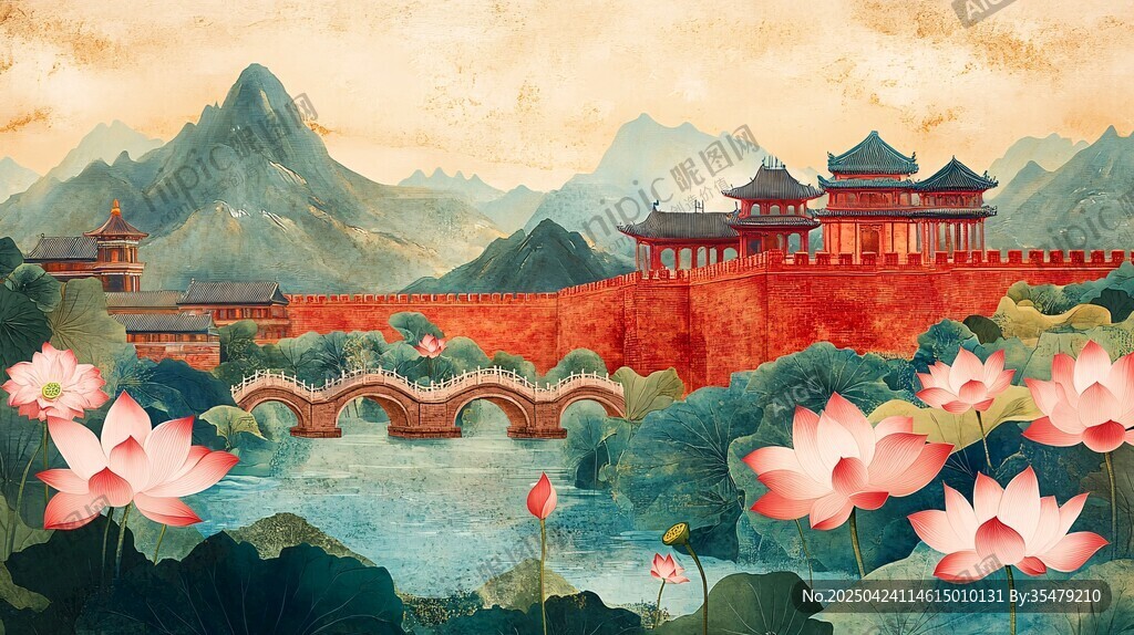 古風山水間的亭臺樓閣美景